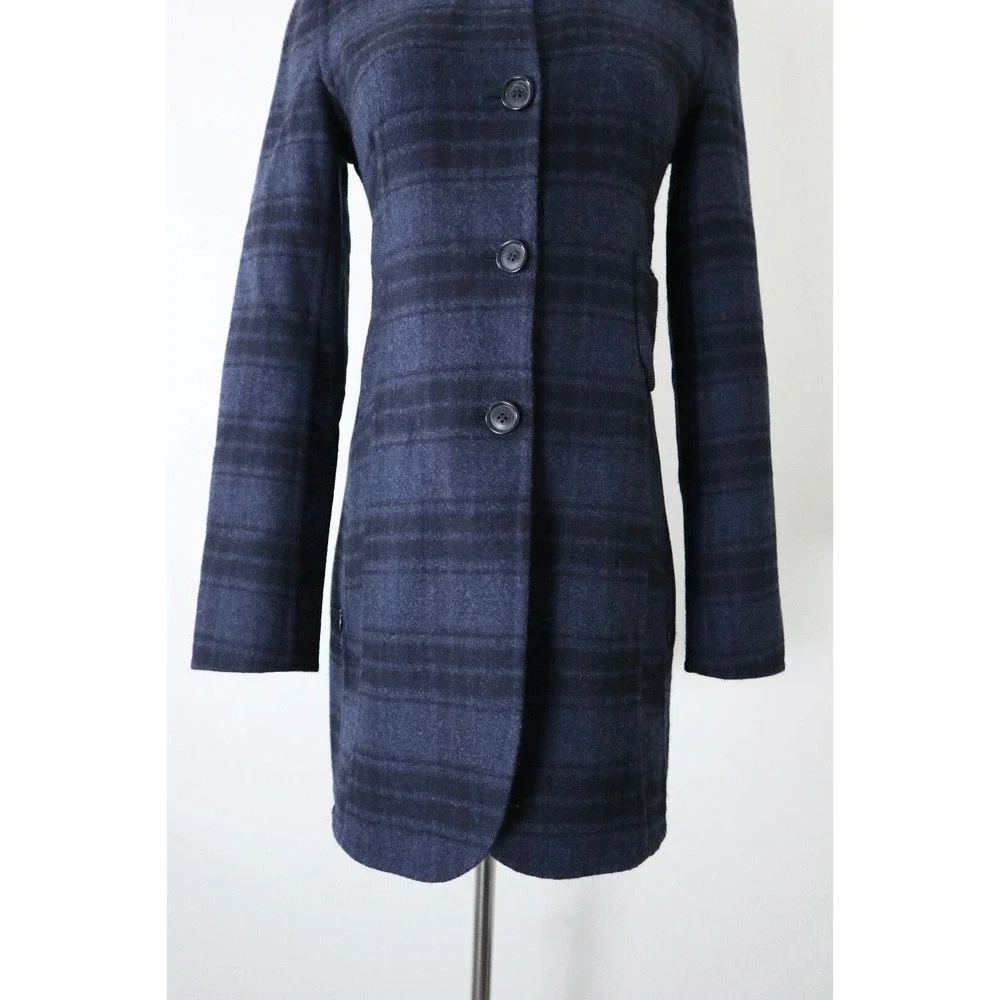 Akris US 4 Double Faced Wool Reversible Longline Jacket Navy Plaid Black - Picture 3 of 16